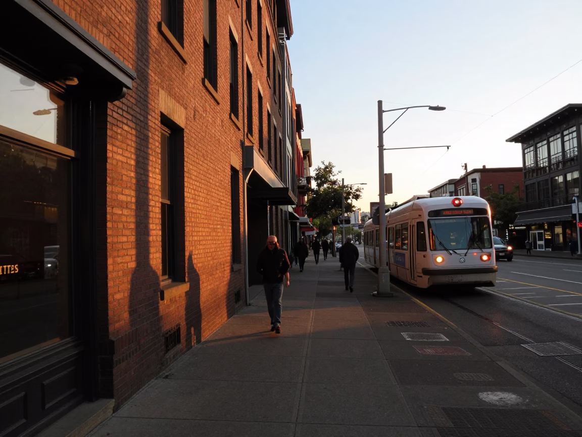 Seattle Golden Hour Street Scene with Monorail and Urban Architecture in in Seattle, Washington, United States
