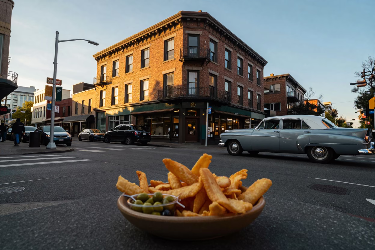 Seattle Golden Hour Street Scene with Olive Dish and Fish Chips in Newspaper in in Seattle, Washington, United States