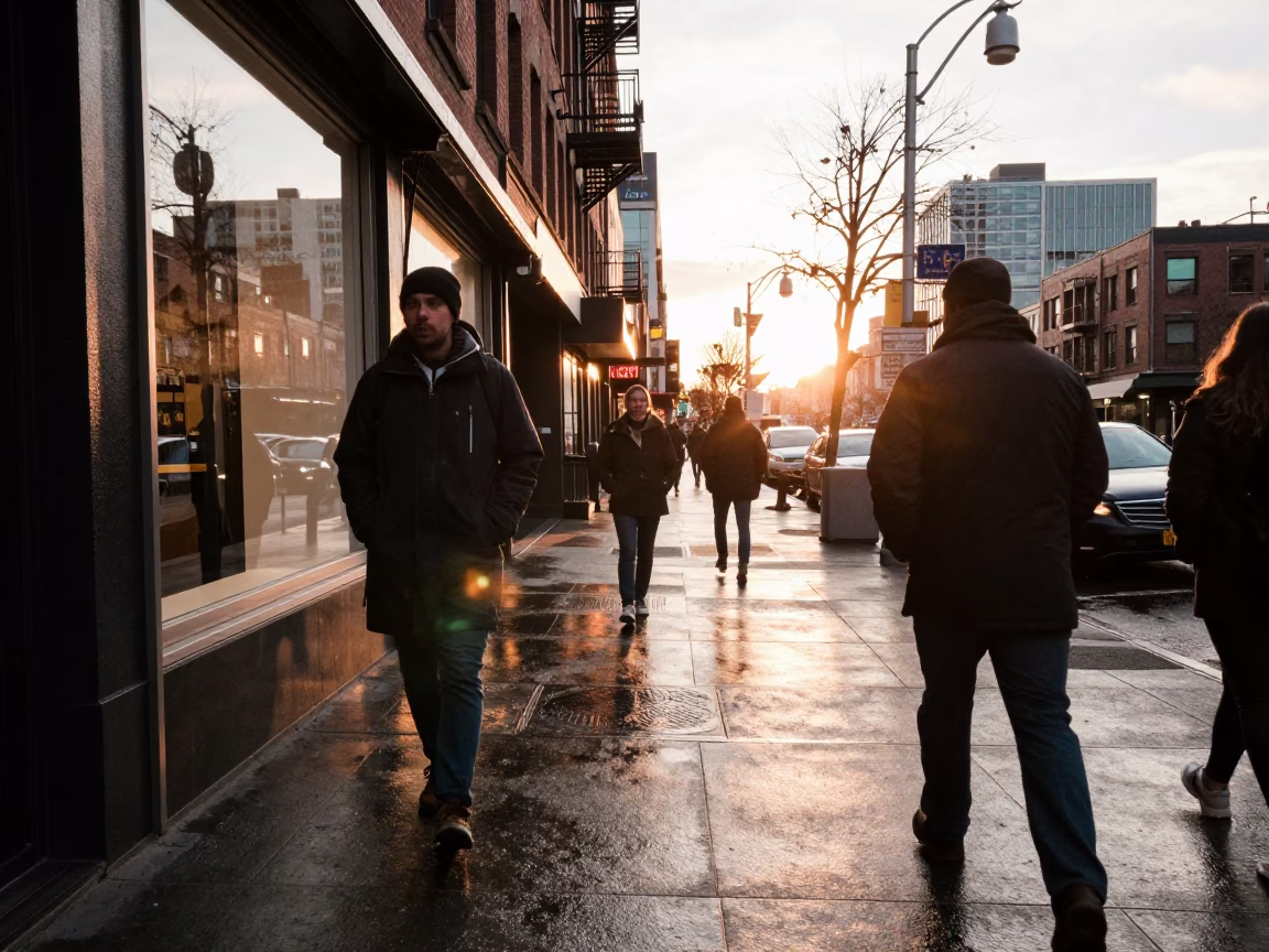 Seattle Golden Hour Street Scene with Raincoats and Cityscape in in Seattle, Washington, United States