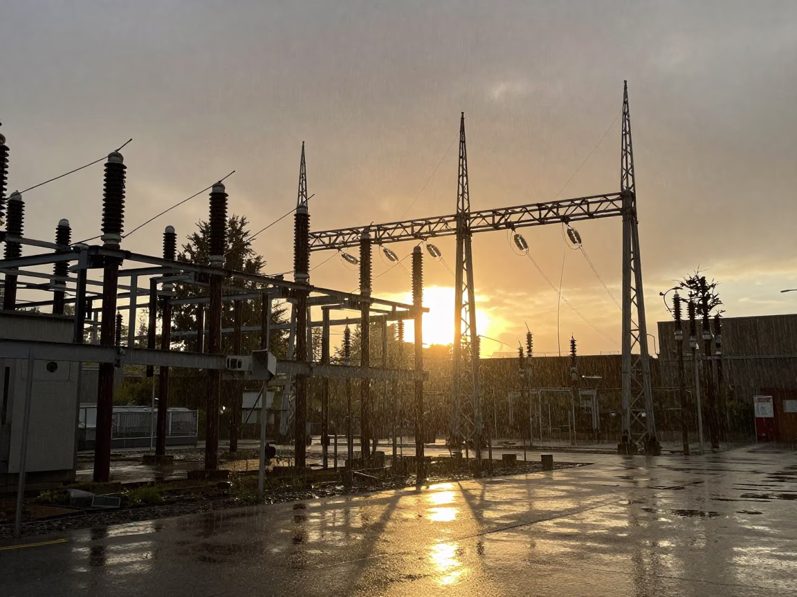 Seattle Golden Hour Substation Insulators Sparkling Rain Floodlights Landscape in in Seattle, Washington, United States