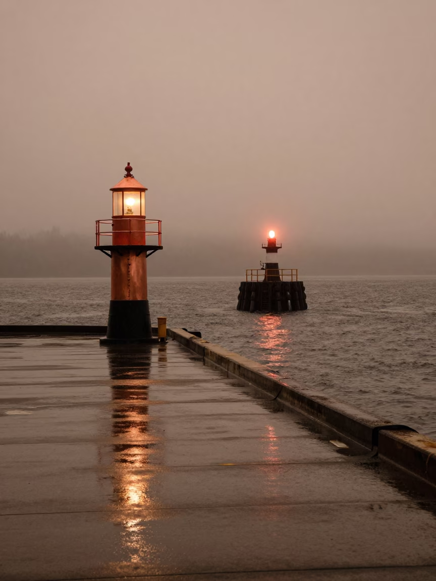 Seattle Harbor Drizzle and Breakwater Beacon in Copper Toned Light Before Dusk in in Seattle, Washington, United States