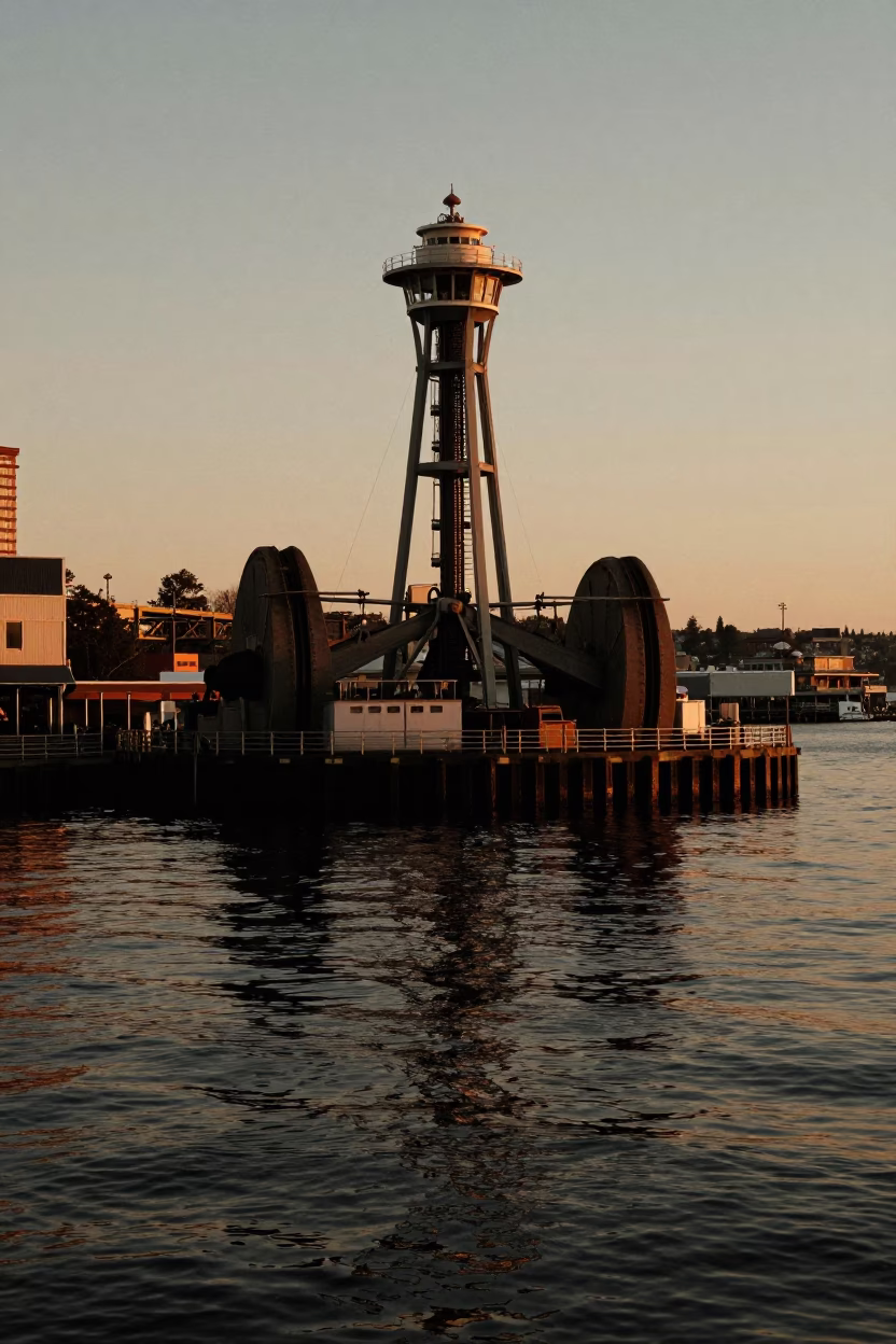 Seattle Harbor Evening Light Reflecting Drawbridge Counterweight Tower in Oil-Slick Water in in Seattle, Washington, United States