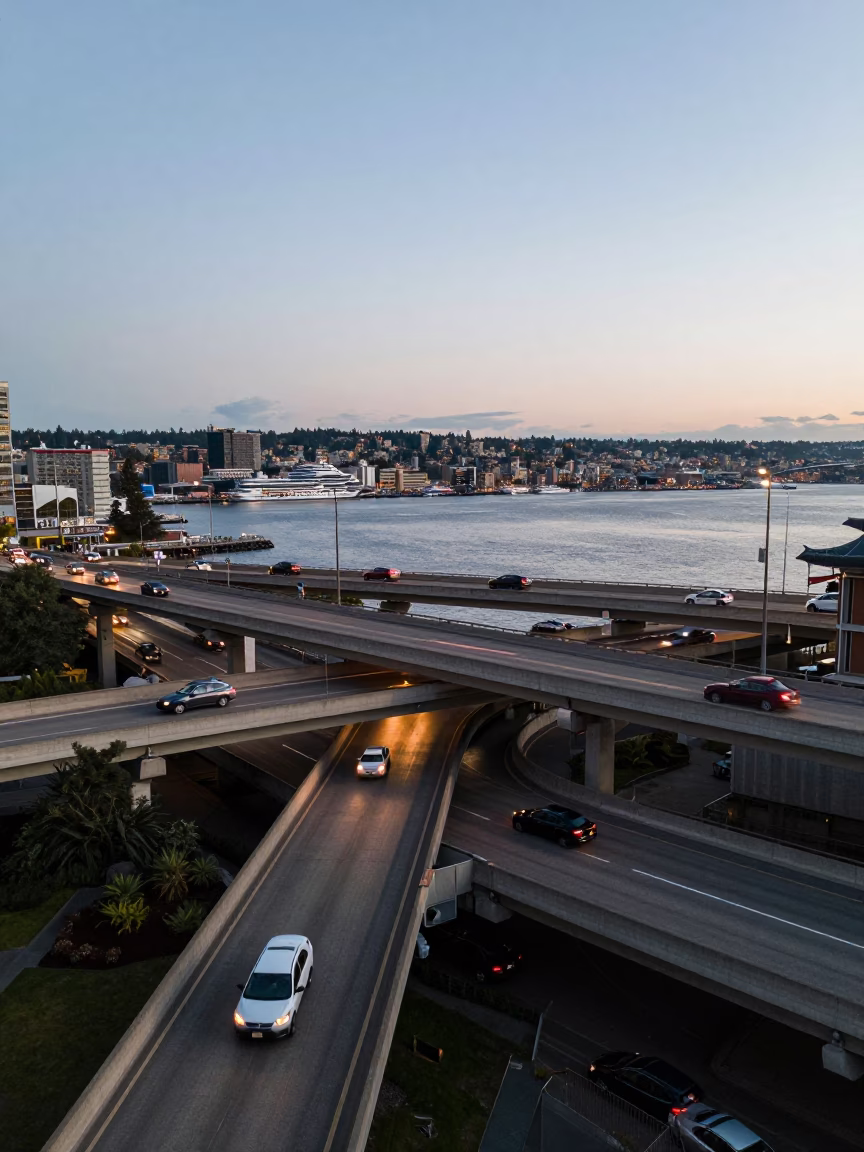 Seattle Harbor Late Afternoon Blue Hour Light Overpass Interchange Taillight Streaks and City Skyline in in Seattle, Washington, United States
