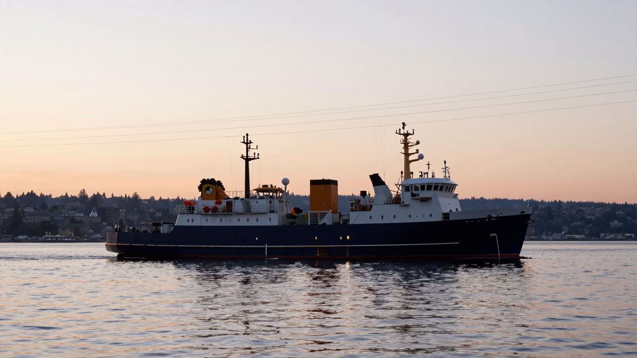 Seattle Harbor Sunrise with Research Vessel and Rail Catenary Fog in in Seattle, Washington, United States