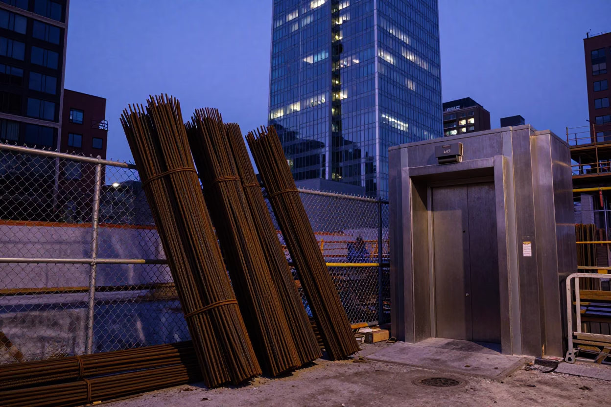 Seattle Indigo Twilight Construction Site Rebar Bundles and Skyscraper Window Washer Platform in in Seattle, Washington, United States