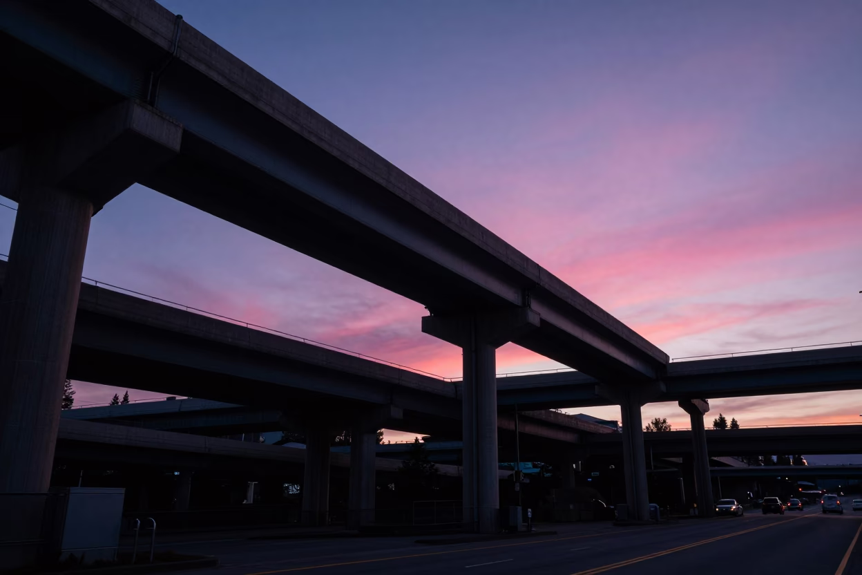 Seattle Indigo Twilight Highway Flyover Stack Against Pink Evening Sky and Rain-Slicked Streets in in Seattle, Washington, United States