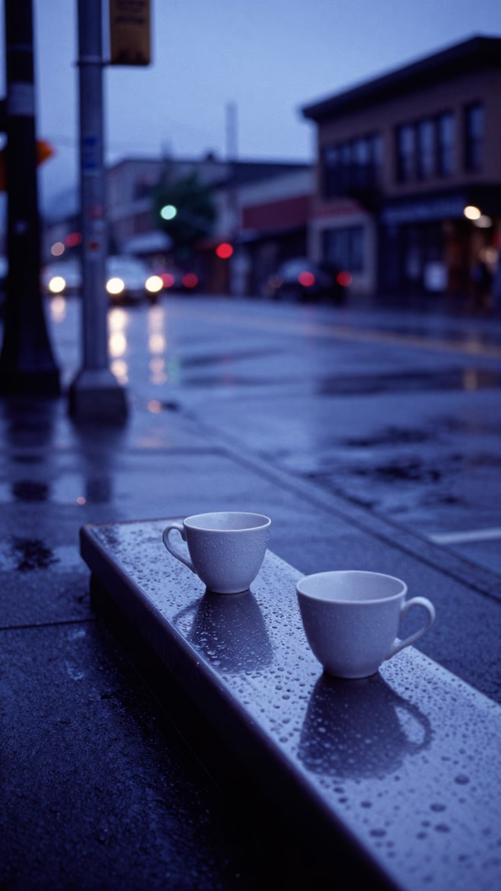 Seattle Indigo Twilight Street Scene with Brushed Steel Sill and Teacups in in Seattle, Washington, United States