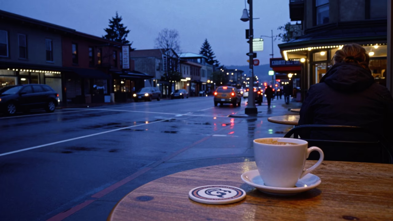 Seattle Indigo Twilight Street Scene with Coaster and Coat Hook Details in in Seattle, Washington, United States