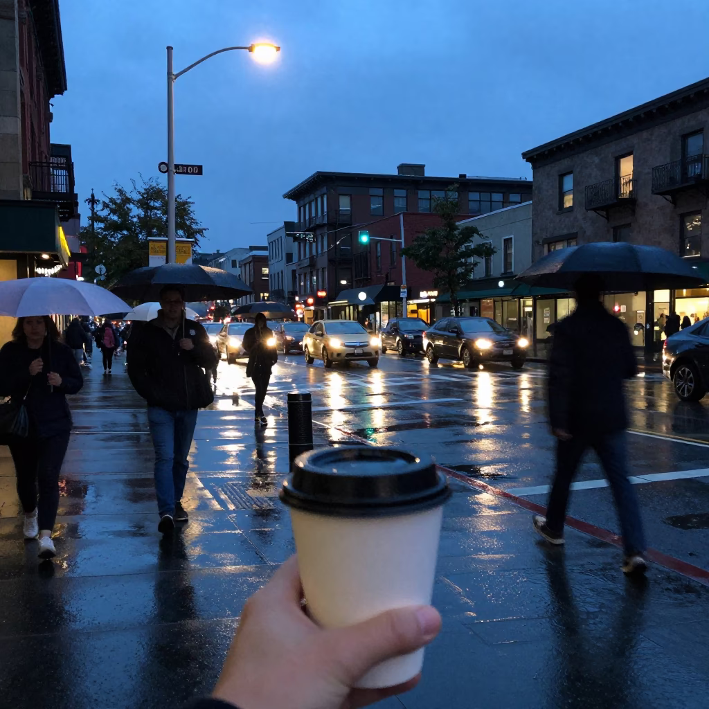Seattle Indigo Twilight Street Scene with Coffee Cup and Rain-Slicked Pavement in in Seattle, Washington, United States