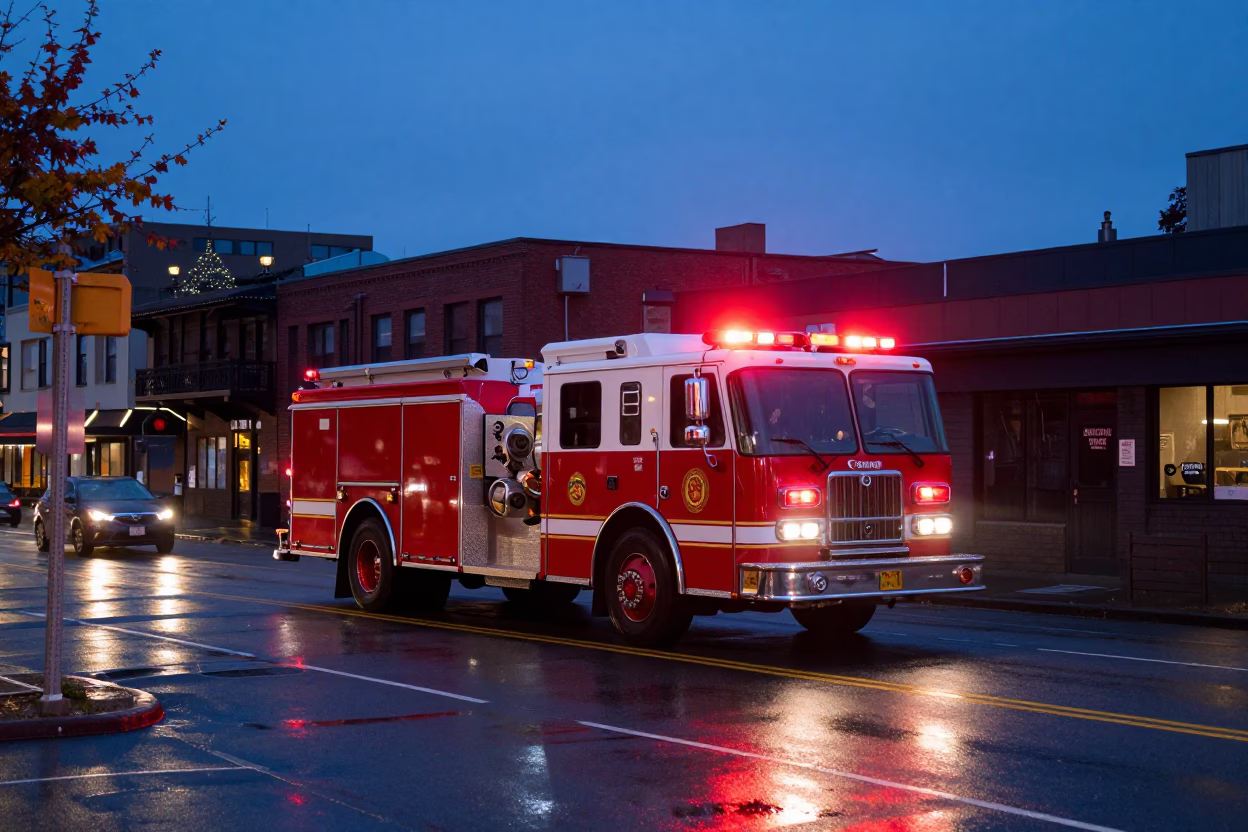 Seattle Indigo Twilight Street Scene with Fire Engine and Urban Details in in Seattle, Washington, United States