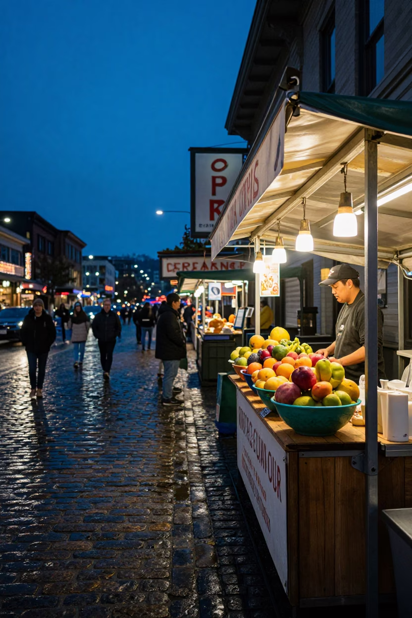 Seattle indigo twilight street scene with fruit bowl and wicker shadow on tile in in Seattle, Washington, United States