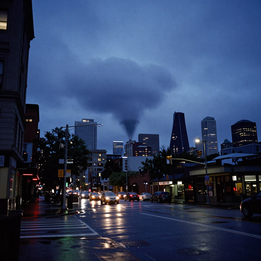 Seattle Indigo Twilight Street Scene with Funnel Clouds and Urban Architecture in in Seattle, Washington, United States