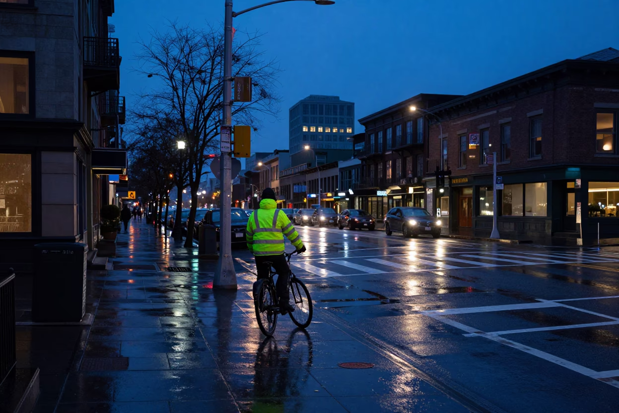 Seattle Indigo Twilight Street Scene with Rain-Slicked Pavement and Urban Reflections in in Seattle, Washington, United States