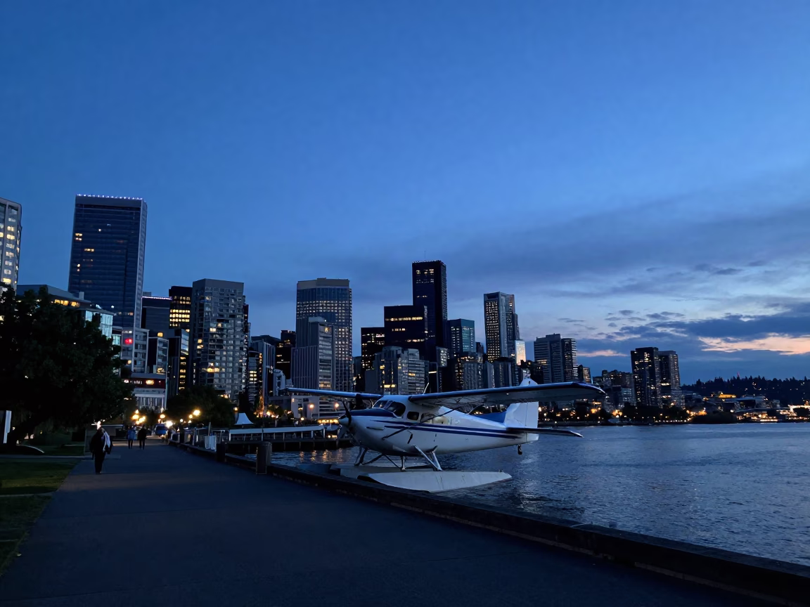 Seattle Indigo Twilight Street Scene with Seaplane Landing on Lake Union and Urban Activity in in Seattle, Washington, United States