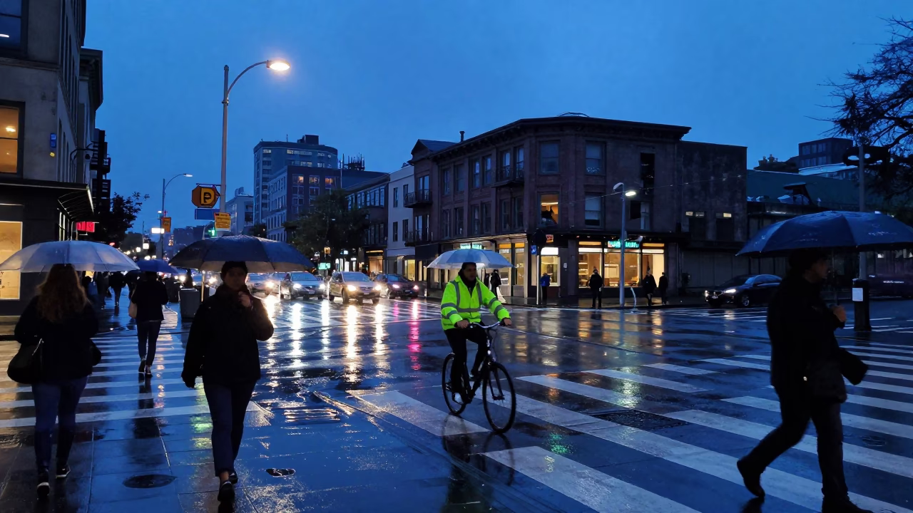 Seattle Indigo Twilight Street Scene with Umbrellas and Rain Reflections in in Seattle, Washington, United States