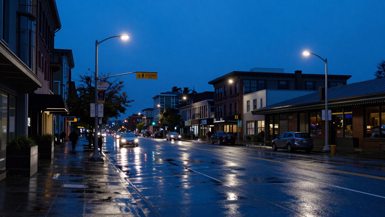 Seattle Indigo Twilight Street Scene with Wet Pavement and Urban Reflections in in Seattle, Washington, United States