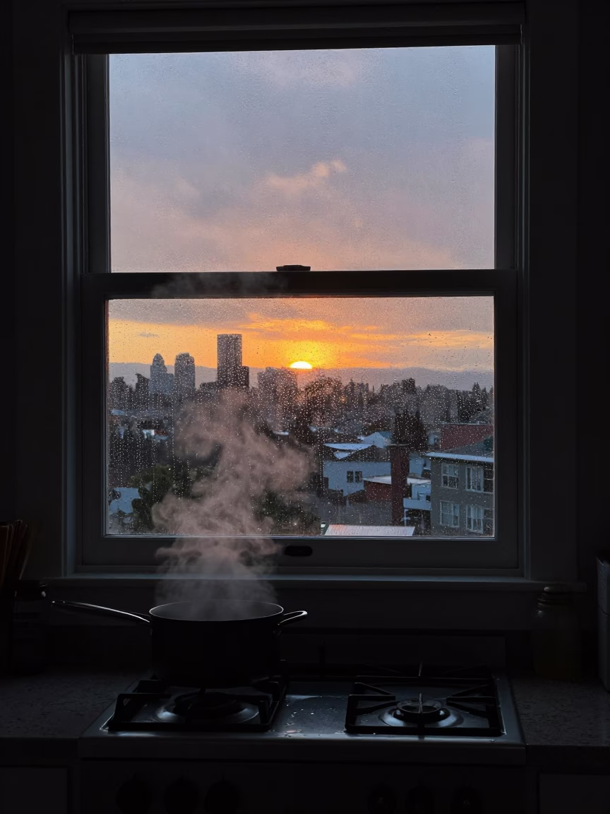 Seattle Kitchen Window View of Rainy Dusk with Steam and Tea Set in in Seattle, Washington, United States