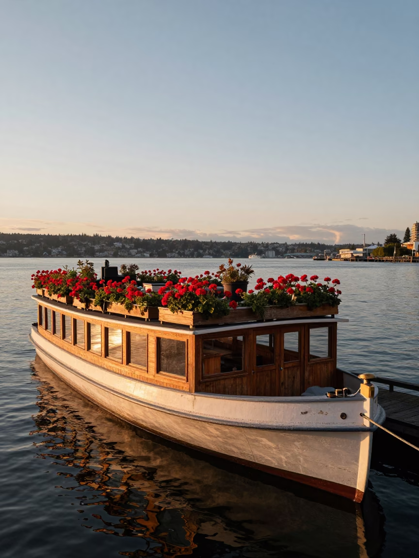 Seattle Lake Union Sunset Houseboat with Rooftop Garden and City Skyline Reflection in in Seattle, Washington, United States