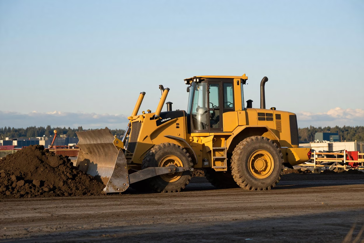 Seattle Late Afternoon Construction Site with Bulldozer Pushing Earth Near Residential Neighborhood in in Seattle, Washington, United States