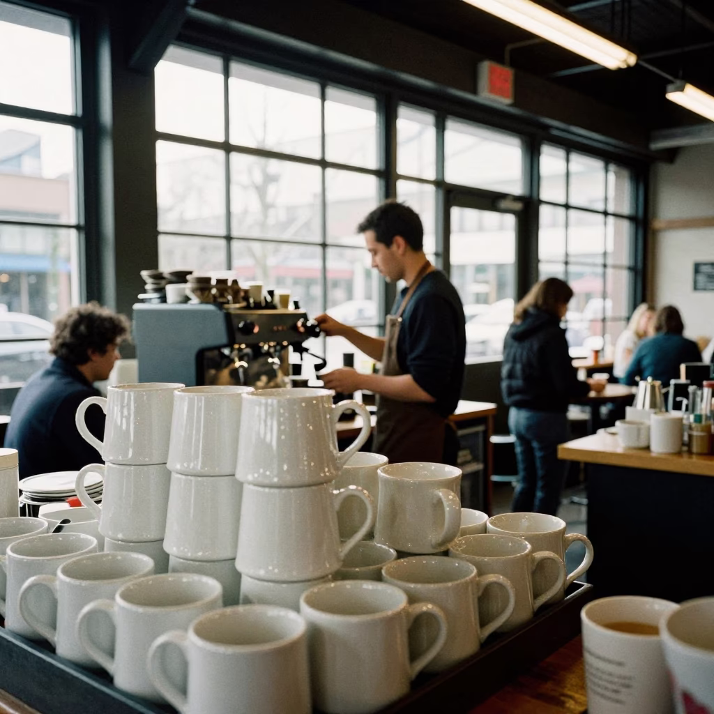 Seattle Late Morning Coffee Shop Interior with Ceramic Mugs and Wooden Spoon in in Seattle, Washington, United States