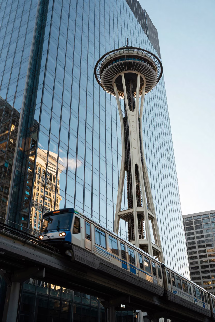 Seattle Late Morning Monorail Reflection in Glass Skyscraper Downtown Washington in in Seattle, Washington, United States