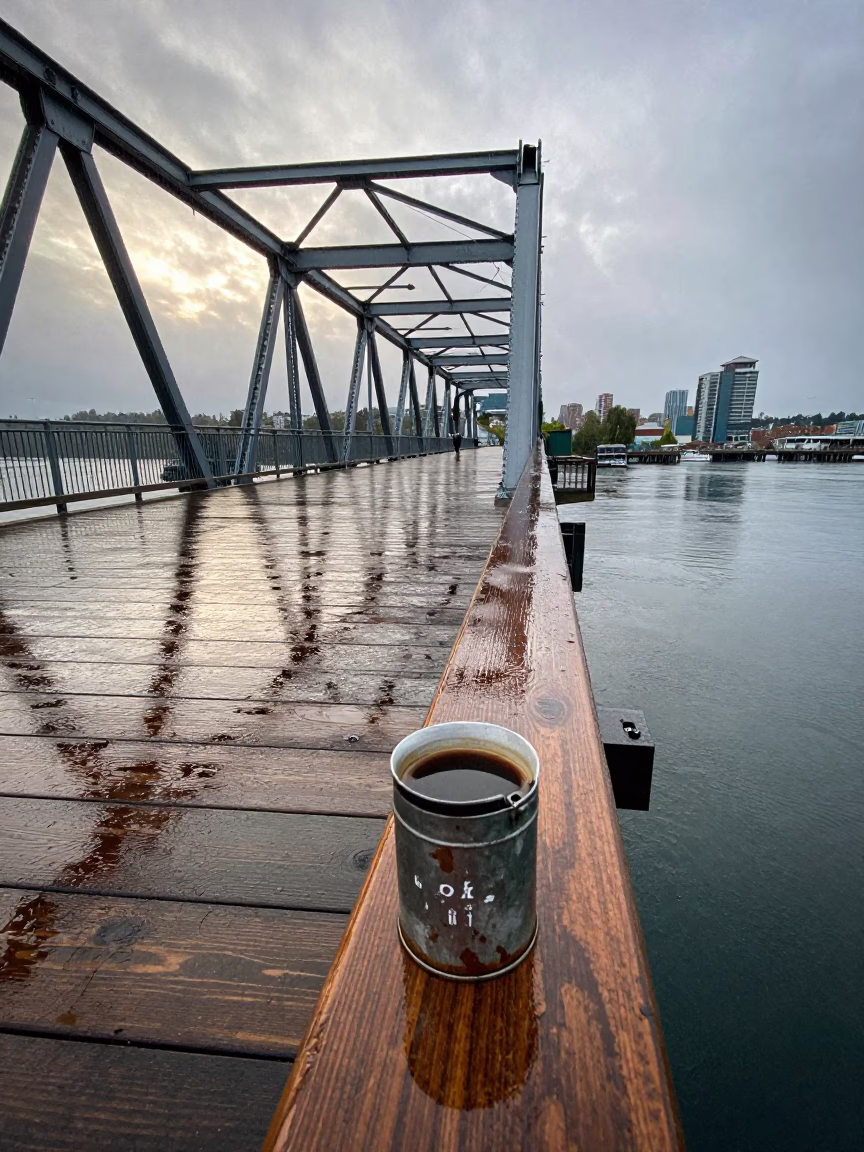 Seattle Late Morning Rain on Drawbridge Deck with Coffee Tin and Charcuterie Board in in Seattle, Washington, United States