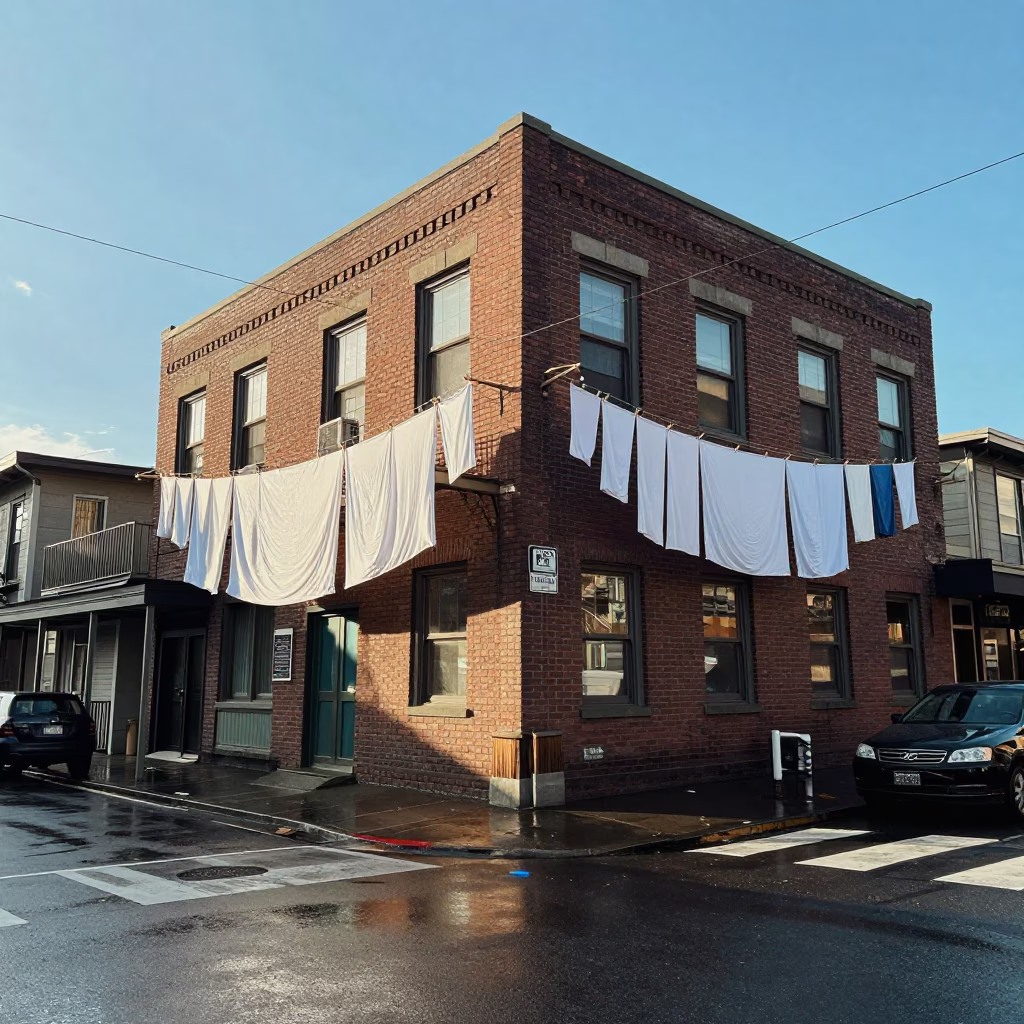 Seattle Late Morning Street Scene with Clothesline and Blue Hydrangeas in in Seattle, Washington, United States