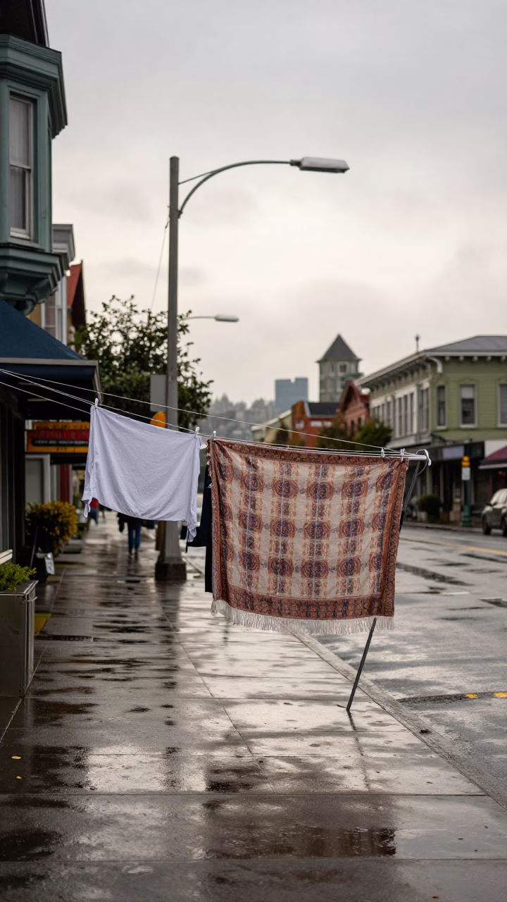 Seattle Late Morning Street Scene with Clothesline and Vintage Car in Rain in in Seattle, Washington, United States