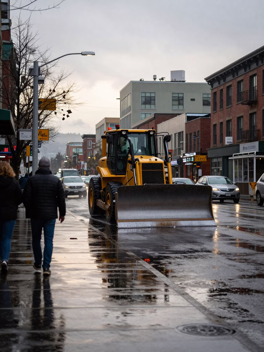 Seattle Late Morning Street Scene with Construction and Urban Life in in Seattle, Washington, United States