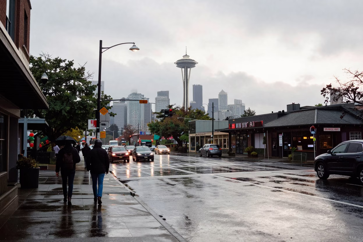 Seattle Late Morning Street Scene with Rain and Urban Pedestrians in in Seattle, Washington, United States