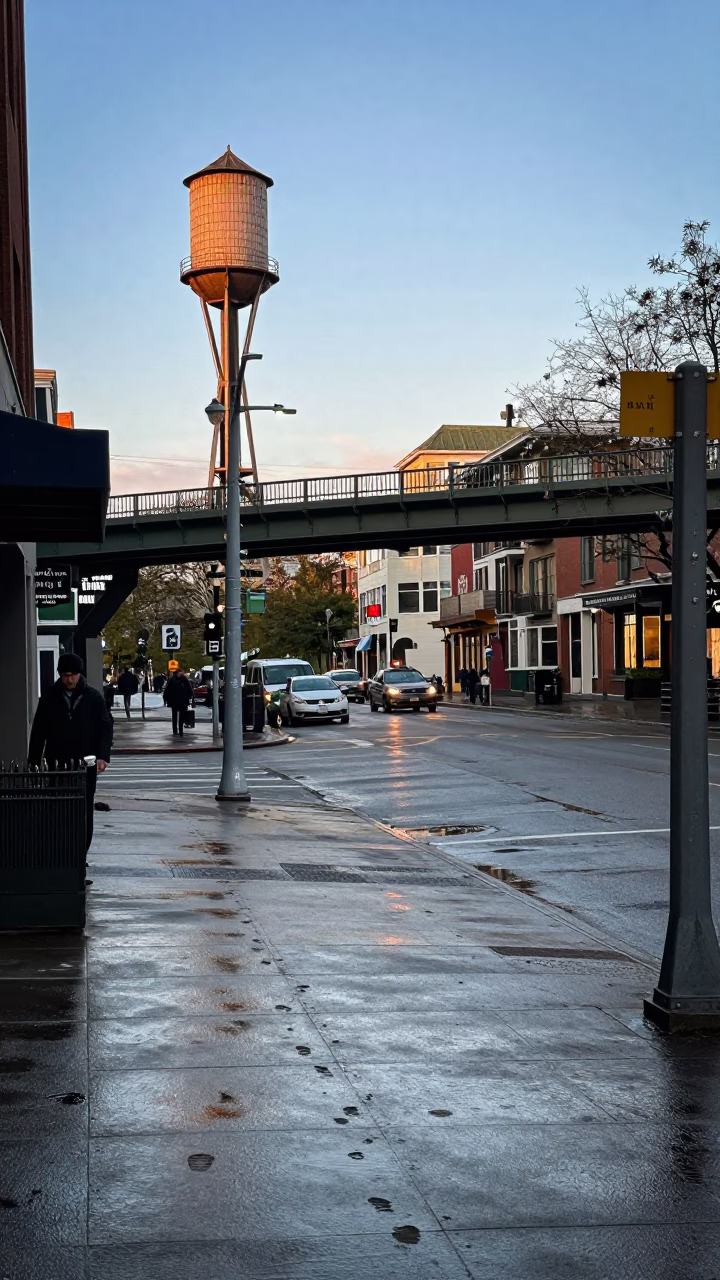 Seattle Late Morning Street Scene with Water Tower and Perforated Metal Overpass in in Seattle, Washington, United States