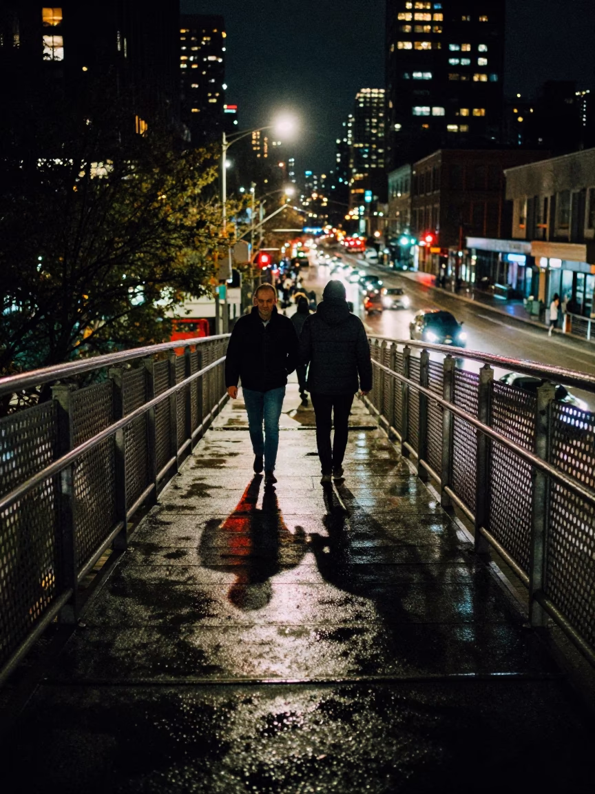 Seattle Late Night Pedestrian Overpass with Wet Footsteps and Perforated Metal in in Seattle, Washington, United States