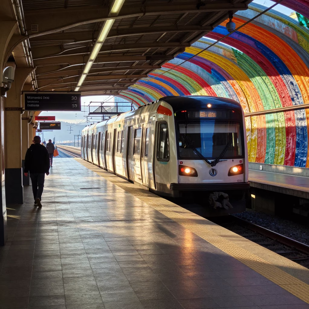 Seattle Metro Train Arriving at Art-Adorned Station Just After Sunrise in in Seattle, Washington, United States