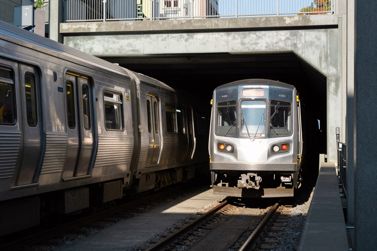 Seattle Metro Train Emerging from Tunnel into Noon Daylight in in Seattle, Washington, United States