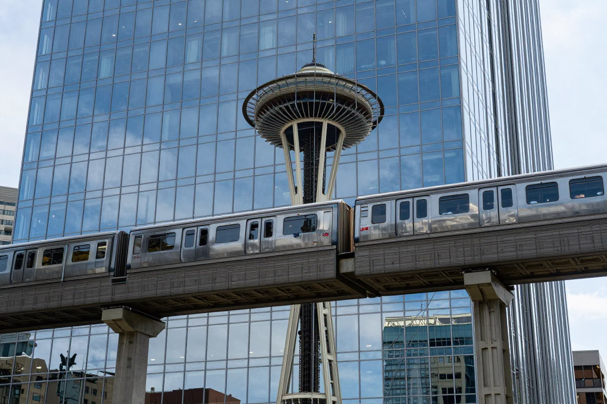 Seattle Midday Monorail Reflection on Glass Skyscraper Exterior Urban Architecture in in Seattle, Washington, United States