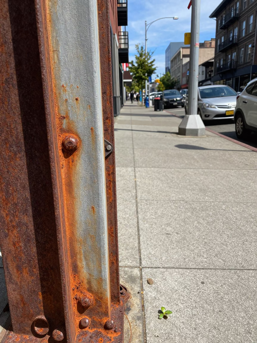 Seattle midday street scene with rusted metal details and urban infrastructure in in Seattle, Washington, United States