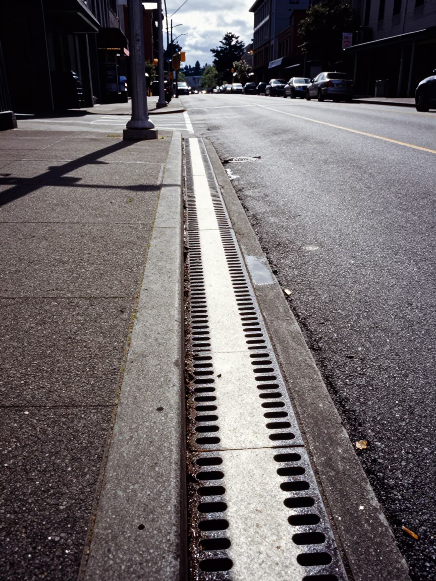 Seattle Midday Street Scene with Sun Stripe Drain and Rusty Tile Details in in Seattle, Washington, United States