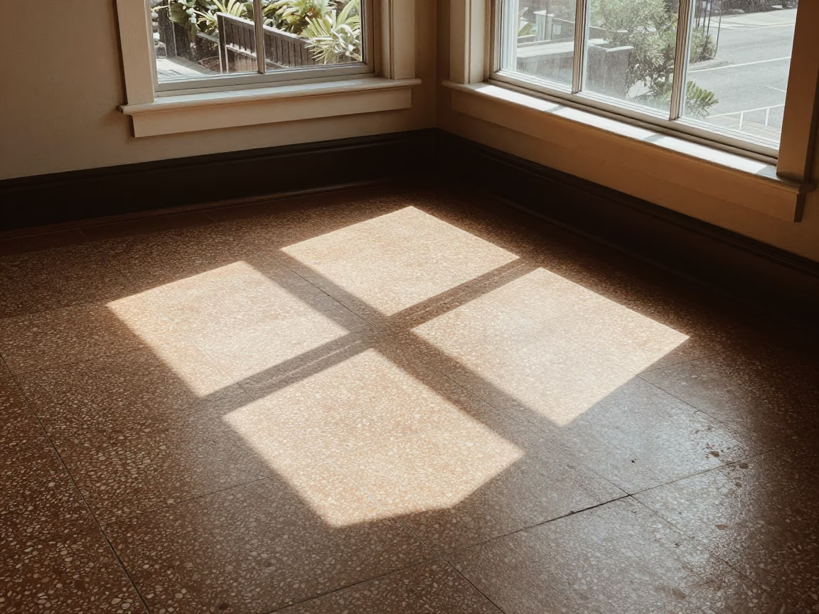 Seattle Midday Sunlight Stripes on Vintage Interior Floor Tiles in in Seattle, Washington, United States