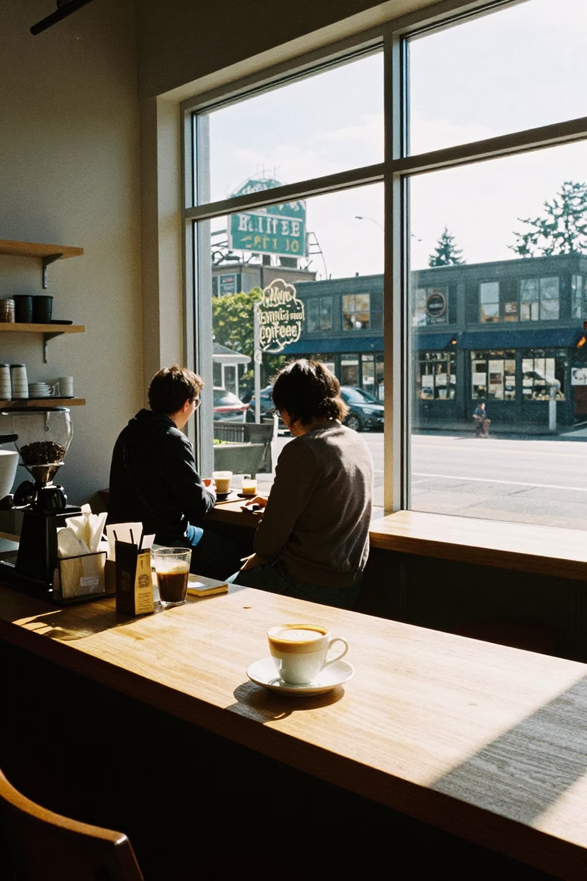 Seattle Midmorning Coffee Shop Interior with Customer and Local Details in in Seattle, Washington, United States