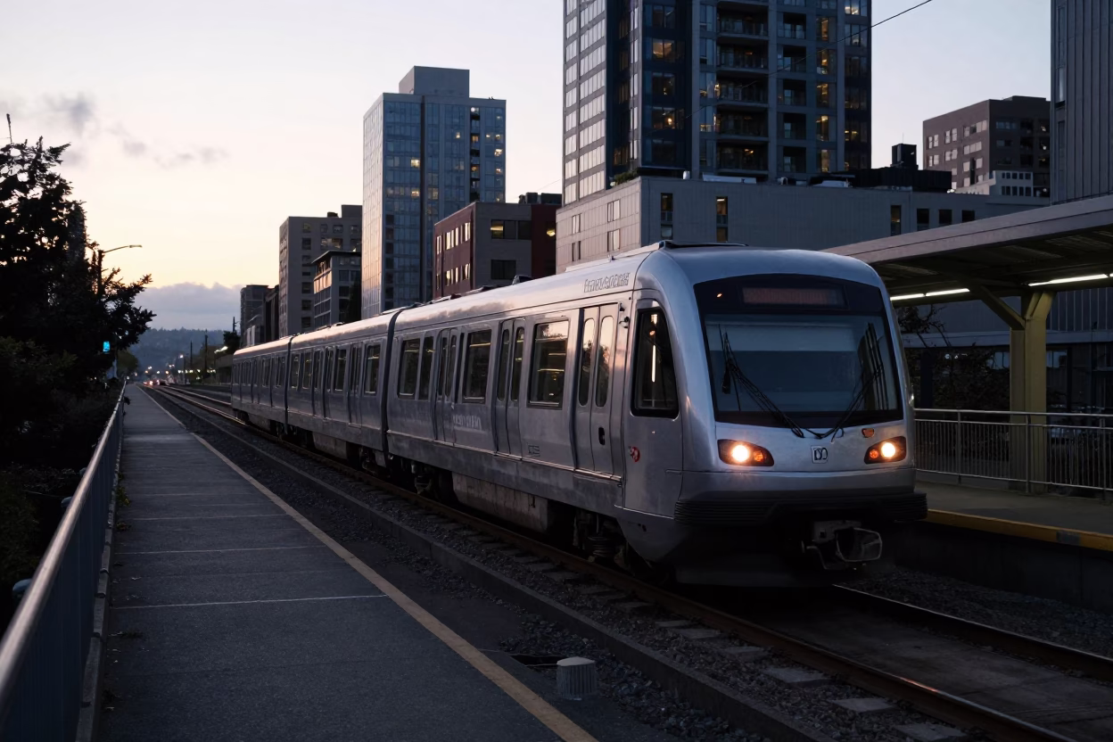 Seattle Monorail Approaching Westlake Center Station Before Dawn with Urban Street Life in in Seattle, Washington, United States
