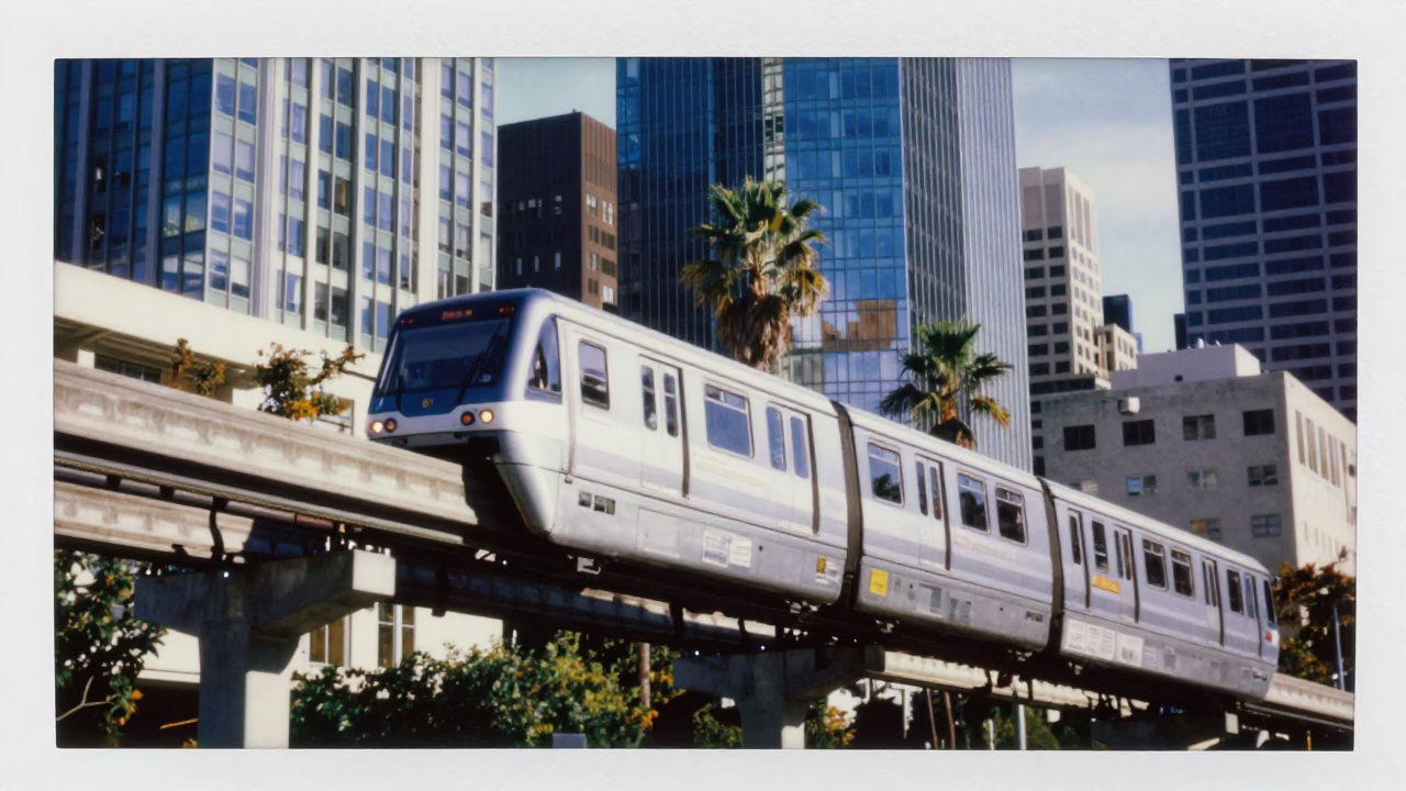 Seattle Monorail Gliding Past Glass Towers and Palm Trees at Midday in in Seattle, Washington, United States