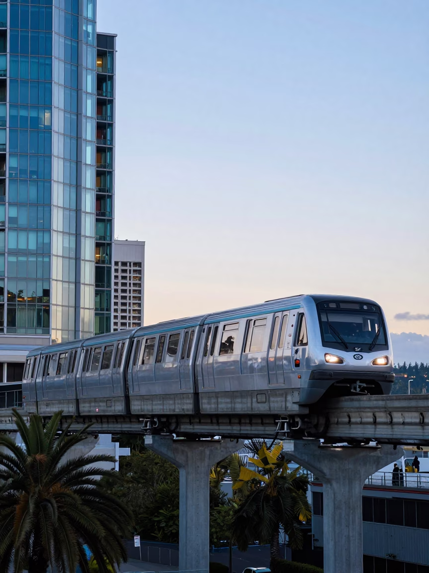 Seattle Monorail Gliding Past Glass Towers and Palm Trees Before Sunrise in in Seattle, Washington, United States