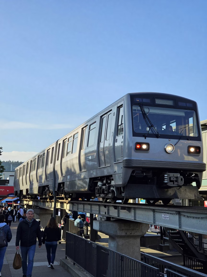 Seattle Monorail Passing Over Pike Place Market Street Midday with Mailbox in in Seattle, Washington, United States