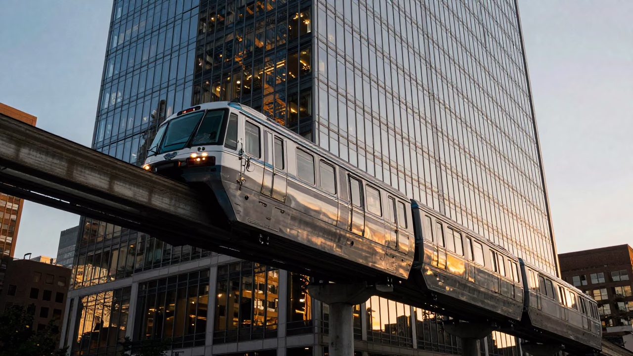 Seattle Monorail Reflection in Glass Skyscraper at Golden Hour in in Seattle, Washington, United States