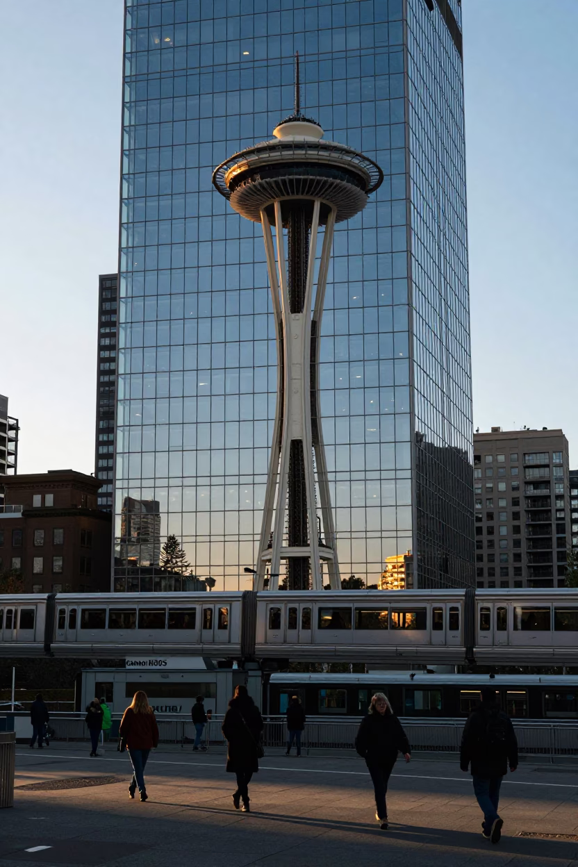 Seattle Monorail Reflection in Glass Skyscraper Before Sunrise in in Seattle, Washington, United States