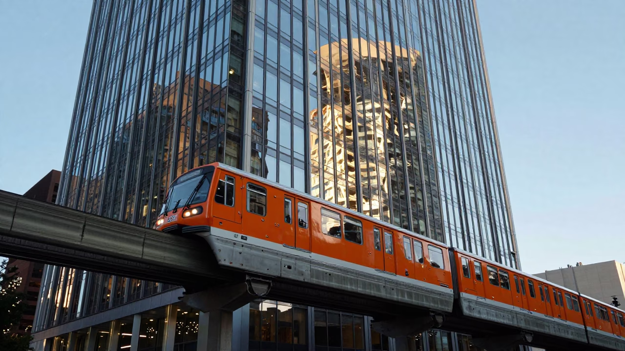 Seattle Monorail Reflection in Glass Skyscraper Late Afternoon 1970s in in Seattle, Washington, United States