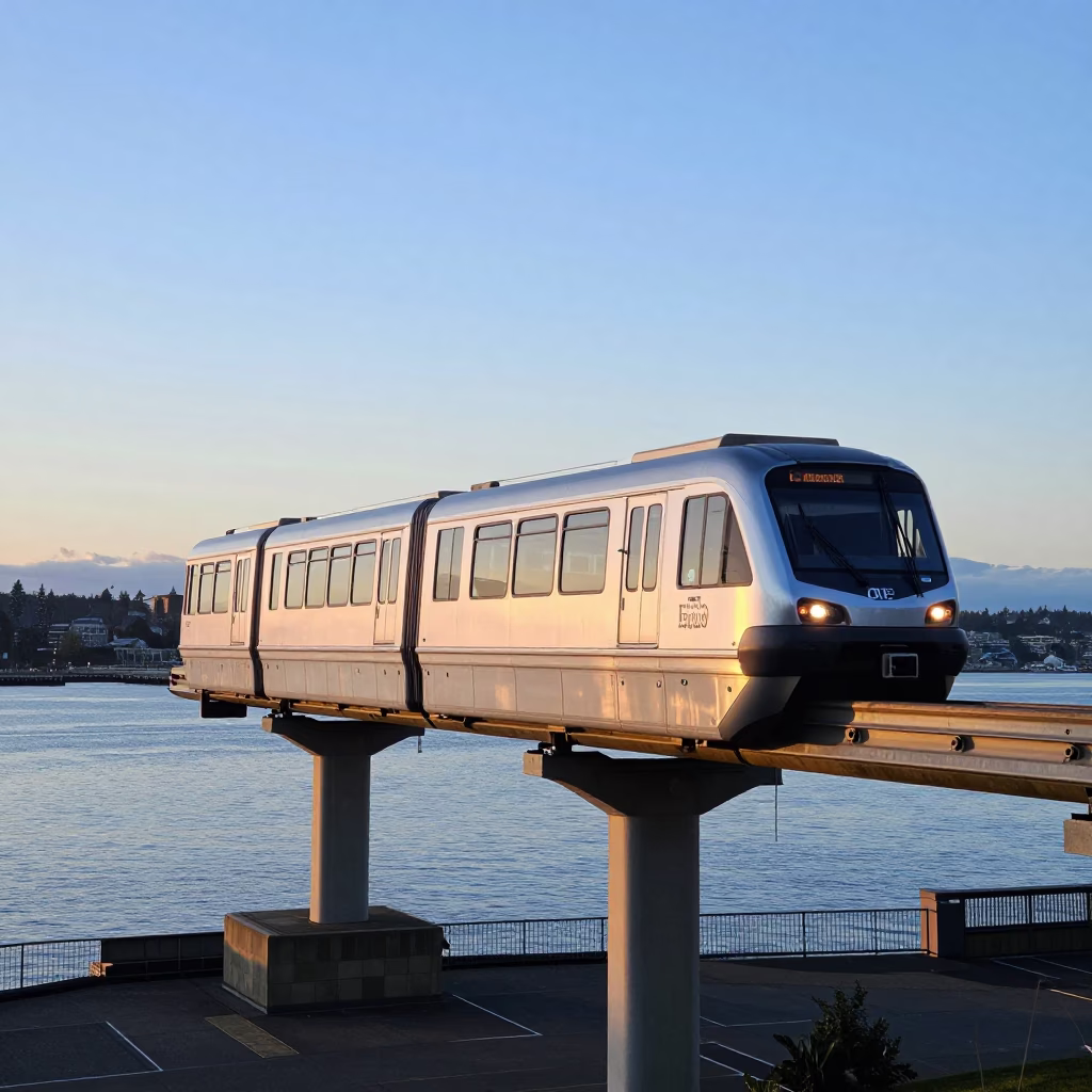 Seattle Monorail Sweeping Above River at First Light Dawn Blue Hour in in Seattle, Washington, United States