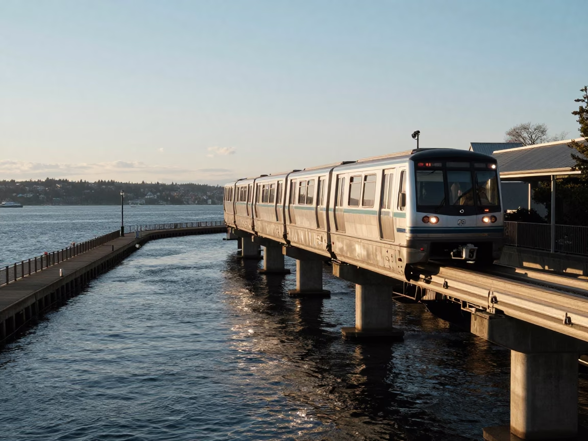 Seattle Monorail Sweeping Above Waterway in Late Afternoon Light in in Seattle, Washington, United States