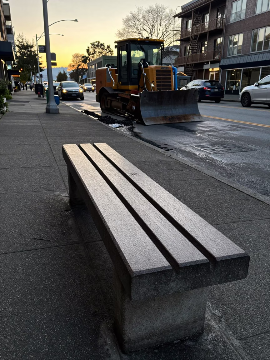 Seattle Morning Commute with Construction Pile Driver and Grease Sheen on Bench in in Seattle, Washington, United States