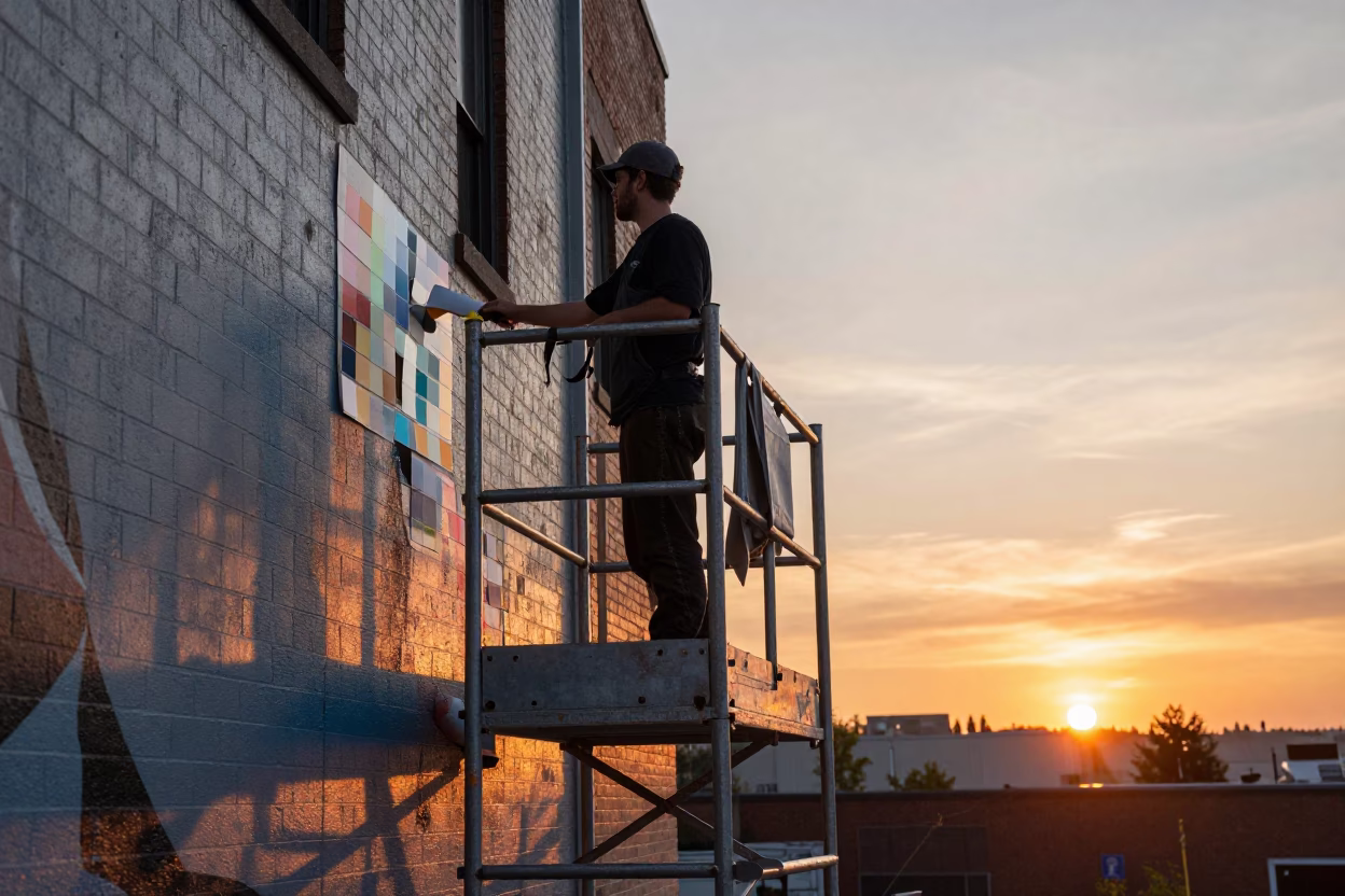 Seattle Muralist Painting Swatches on Scaffold at Sunset in in Seattle, Washington, United States